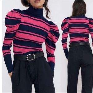 Zara puff sleeve pink navy blue turtleneck top S NWT